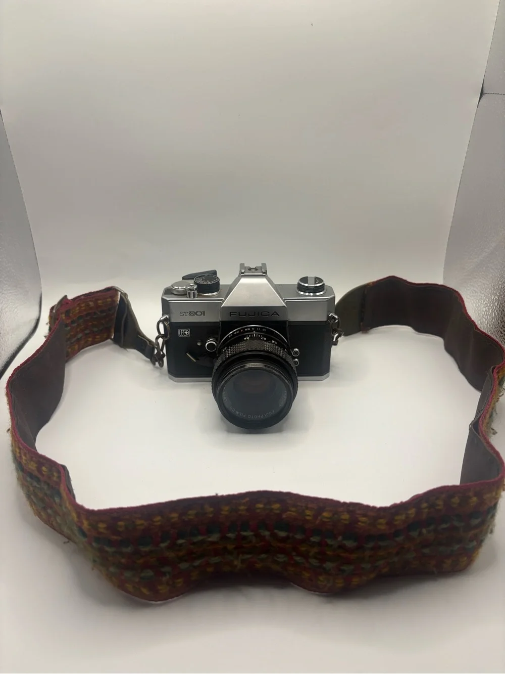 Fujica ST801 Film SLR Camera - Silver & Black with Retro Strap